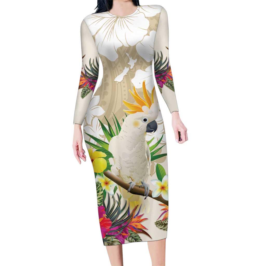 New Zealand Cacatua Galerita Family Matching Long Sleeve Bodycon Dress and Hawaiian Shirt Aotearoa Cockatoo Tropical Flowers LT14 Mom's Dress Beige - Polynesian Pride
