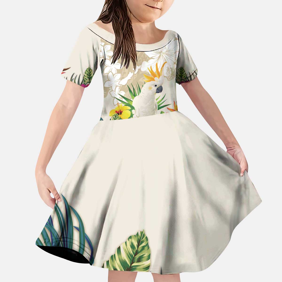 New Zealand Cacatua Galerita Family Matching Puletasi and Hawaiian Shirt Aotearoa Cockatoo Tropical Flowers LT14 Daughter's Dress Beige - Polynesian Pride