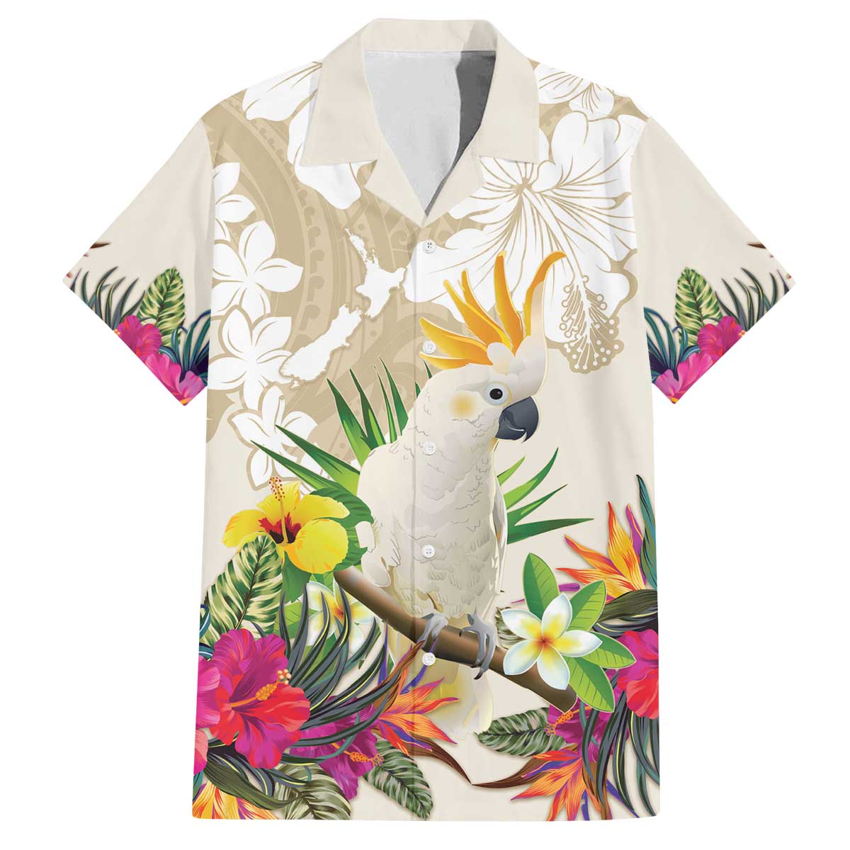 New Zealand Cacatua Galerita Family Matching Puletasi and Hawaiian Shirt Aotearoa Cockatoo Tropical Flowers LT14 Dad's Shirt - Short Sleeve Beige - Polynesian Pride