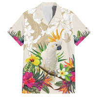 New Zealand Cacatua Galerita Family Matching Puletasi and Hawaiian Shirt Aotearoa Cockatoo Tropical Flowers LT14 Dad's Shirt - Short Sleeve Beige - Polynesian Pride