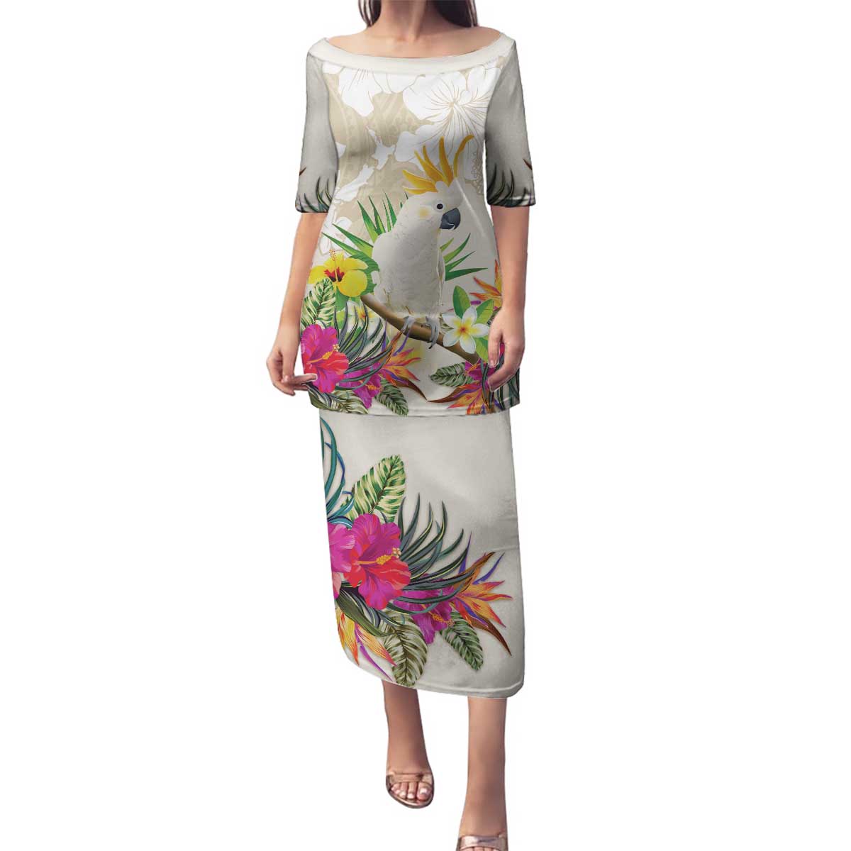 New Zealand Cacatua Galerita Family Matching Puletasi and Hawaiian Shirt Aotearoa Cockatoo Tropical Flowers LT14 Mom's Dress Beige - Polynesian Pride