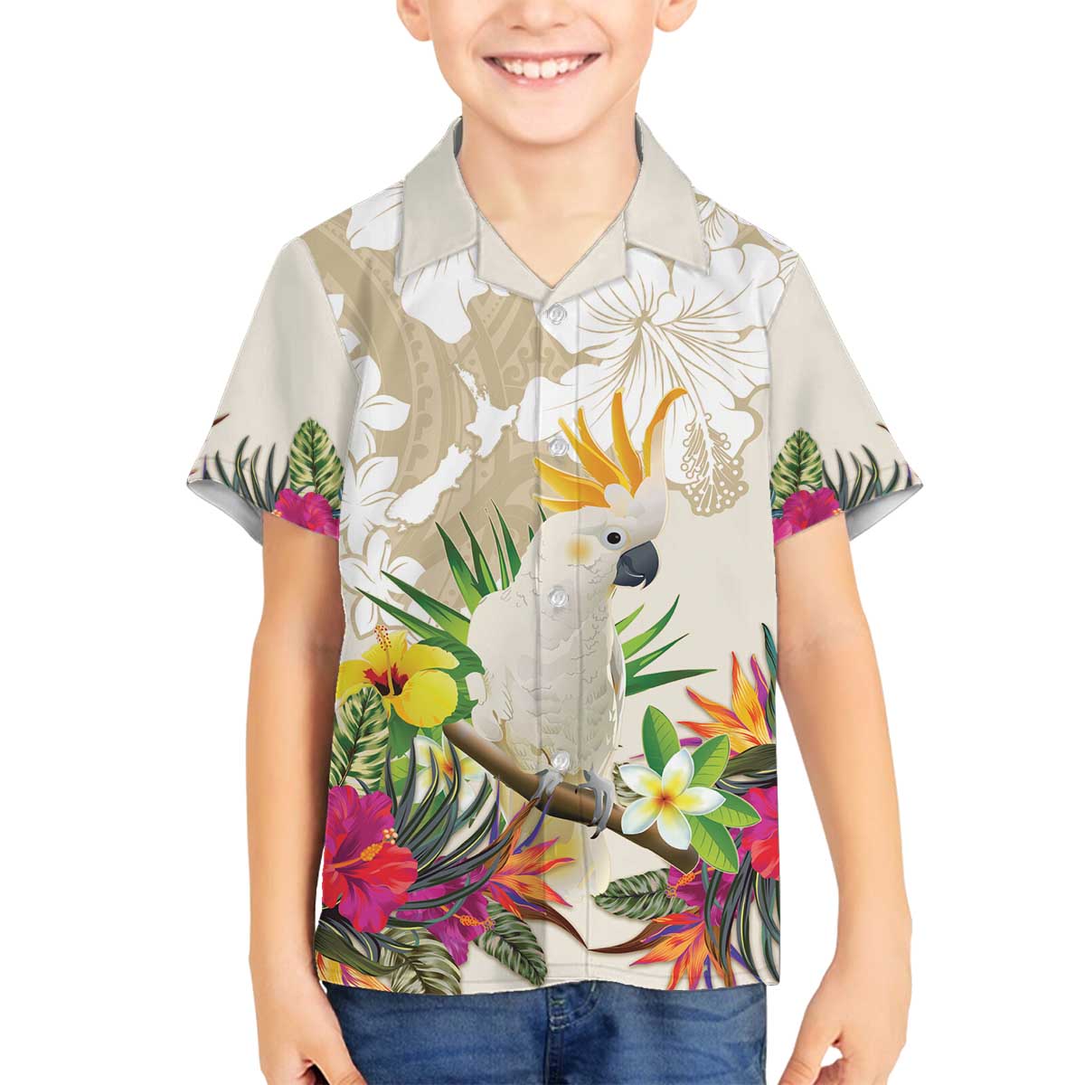 New Zealand Cacatua Galerita Family Matching Puletasi and Hawaiian Shirt Aotearoa Cockatoo Tropical Flowers LT14 Son's Shirt Beige - Polynesian Pride