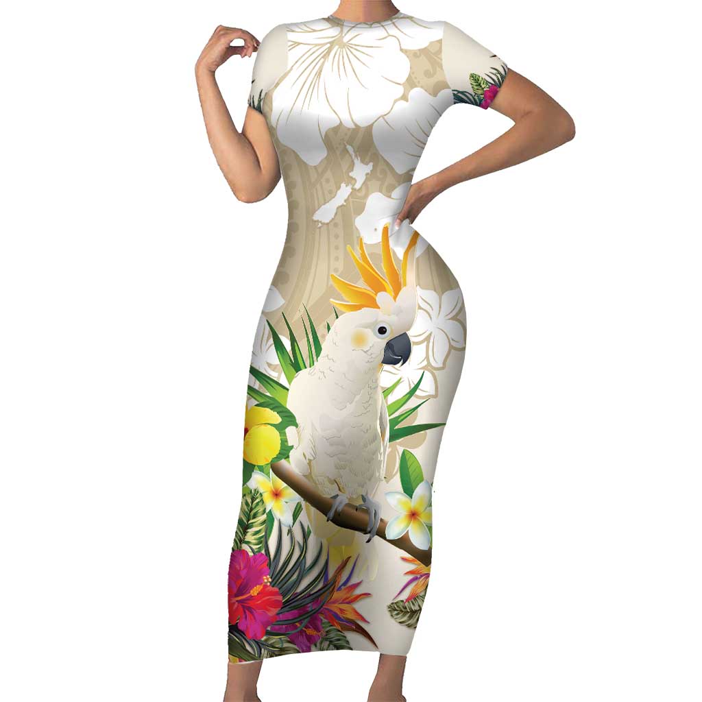 New Zealand Cacatua Galerita Family Matching Short Sleeve Bodycon Dress and Hawaiian Shirt Aotearoa Cockatoo Tropical Flowers LT14 Mom's Dress Beige - Polynesian Pride