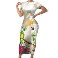 New Zealand Cacatua Galerita Family Matching Short Sleeve Bodycon Dress and Hawaiian Shirt Aotearoa Cockatoo Tropical Flowers LT14 Mom's Dress Beige - Polynesian Pride