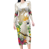 New Zealand Cacatua Galerita Long Sleeve Bodycon Dress Aotearoa Cockatoo Tropical Flowers LT14 Long Dress Beige - Polynesian Pride