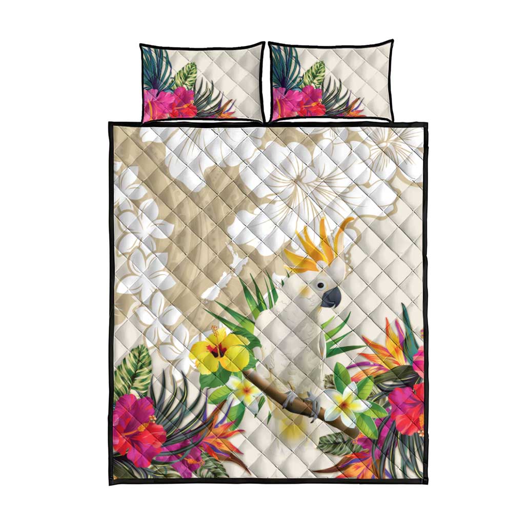 New Zealand Cacatua Galerita Quilt Bed Set Aotearoa Cockatoo Tropical Flowers