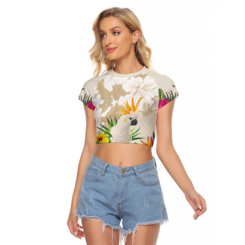 New Zealand Cacatua Galerita Raglan Cropped T Shirt Aotearoa Cockatoo Tropical Flowers LT14 Female Beige - Polynesian Pride