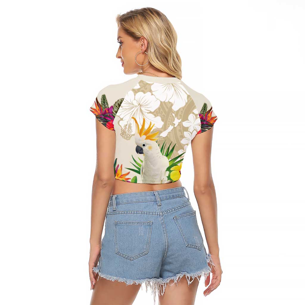 New Zealand Cacatua Galerita Raglan Cropped T Shirt Aotearoa Cockatoo Tropical Flowers LT14 - Polynesian Pride