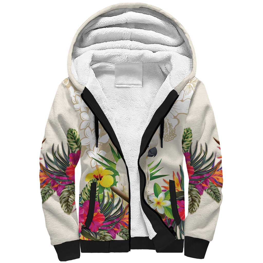 New Zealand Cacatua Galerita Sherpa Hoodie Aotearoa Cockatoo Tropical Flowers