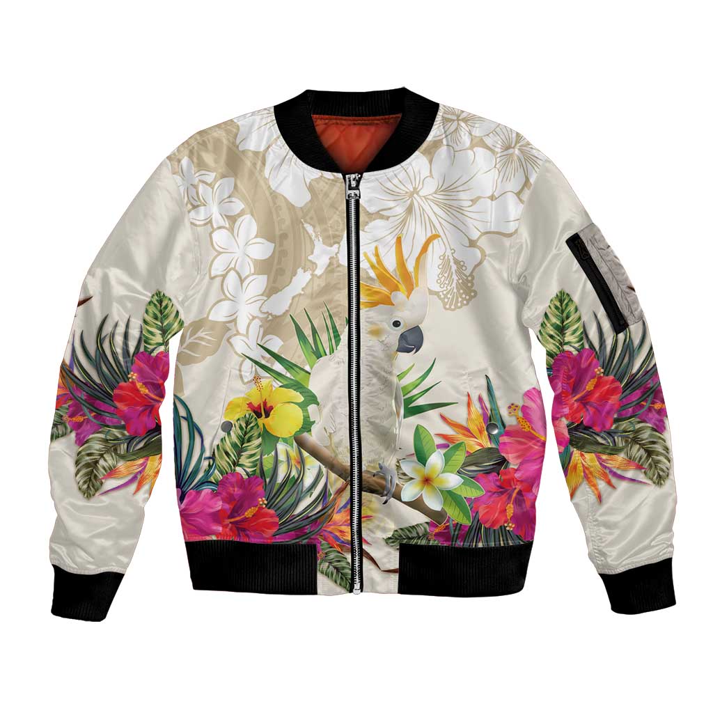 New Zealand Cacatua Galerita Sleeve Zip Bomber Jacket Aotearoa Cockatoo Tropical Flowers LT14 Unisex Beige - Polynesian Pride