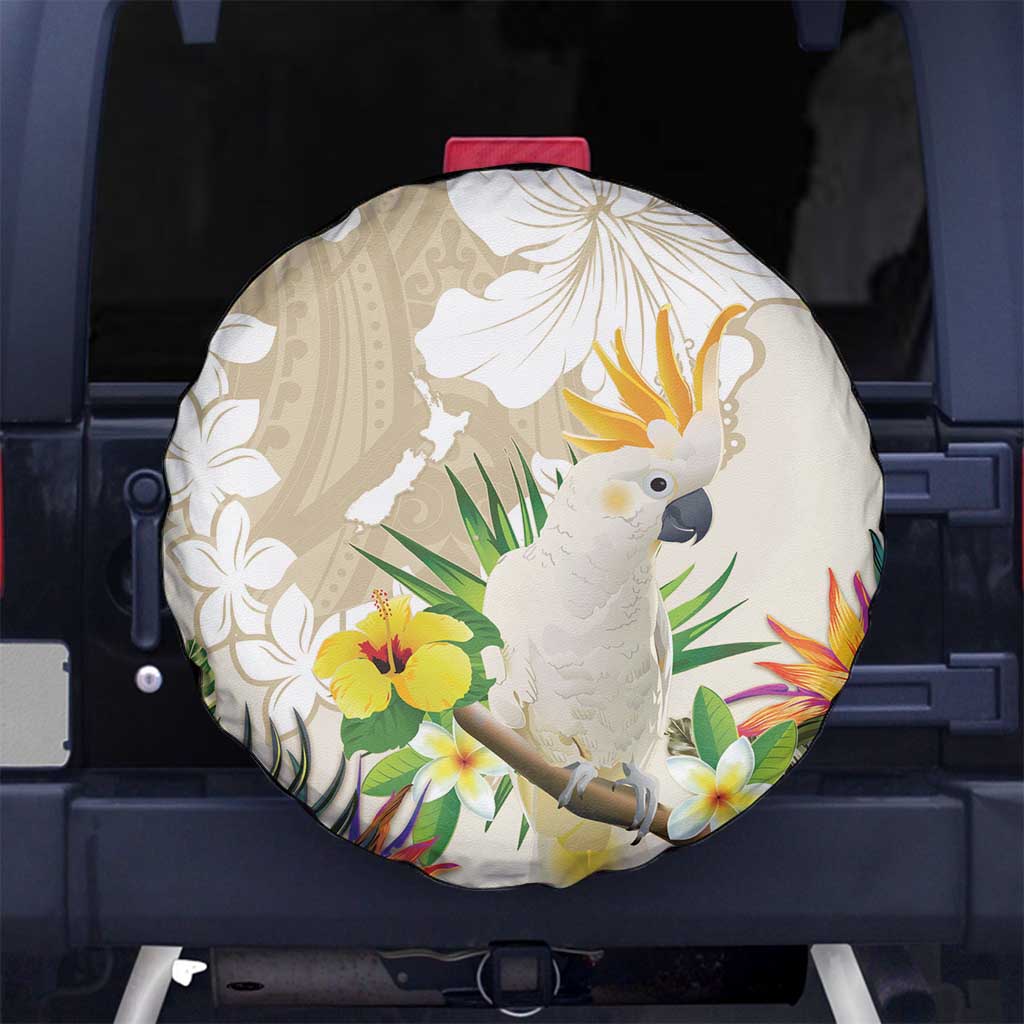 New Zealand Cacatua Galerita Spare Tire Cover Aotearoa Cockatoo Tropical Flowers