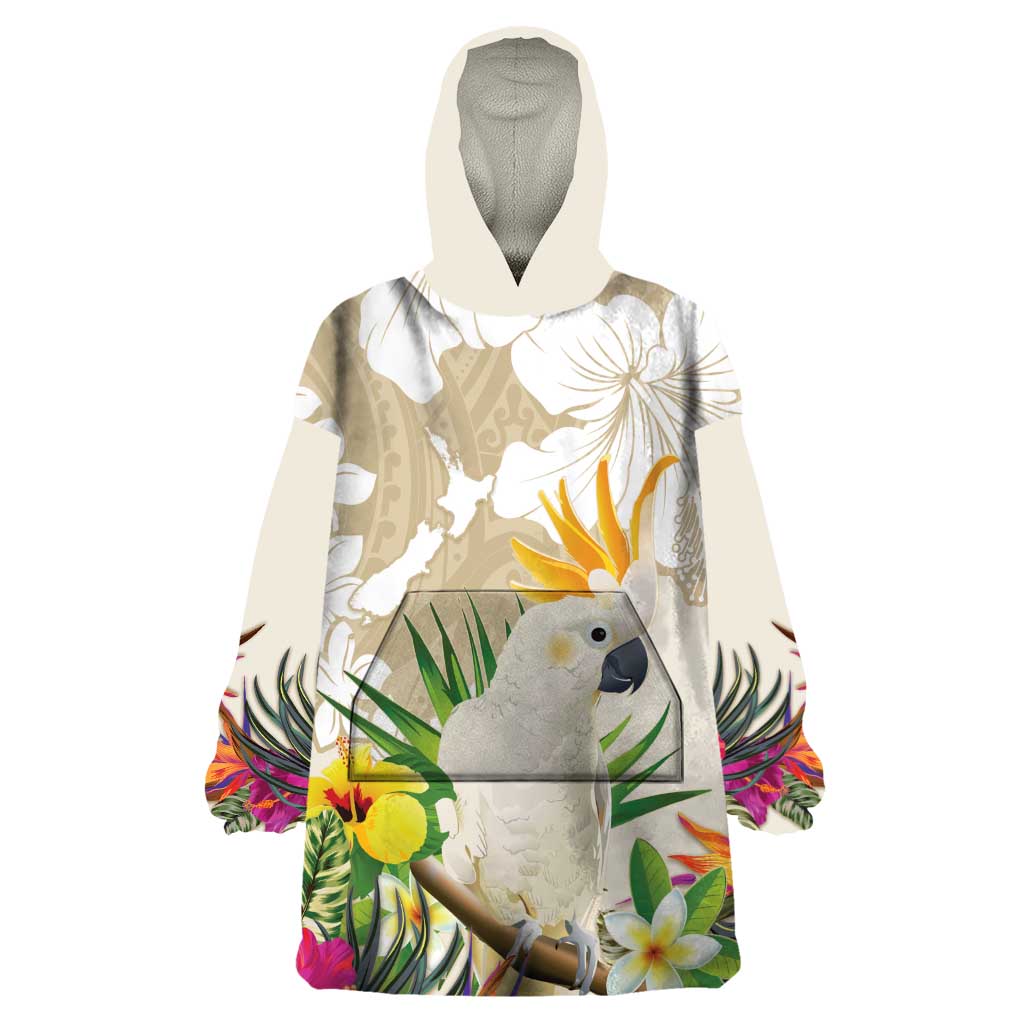 New Zealand Cacatua Galerita Wearable Blanket Hoodie Aotearoa Cockatoo Tropical Flowers