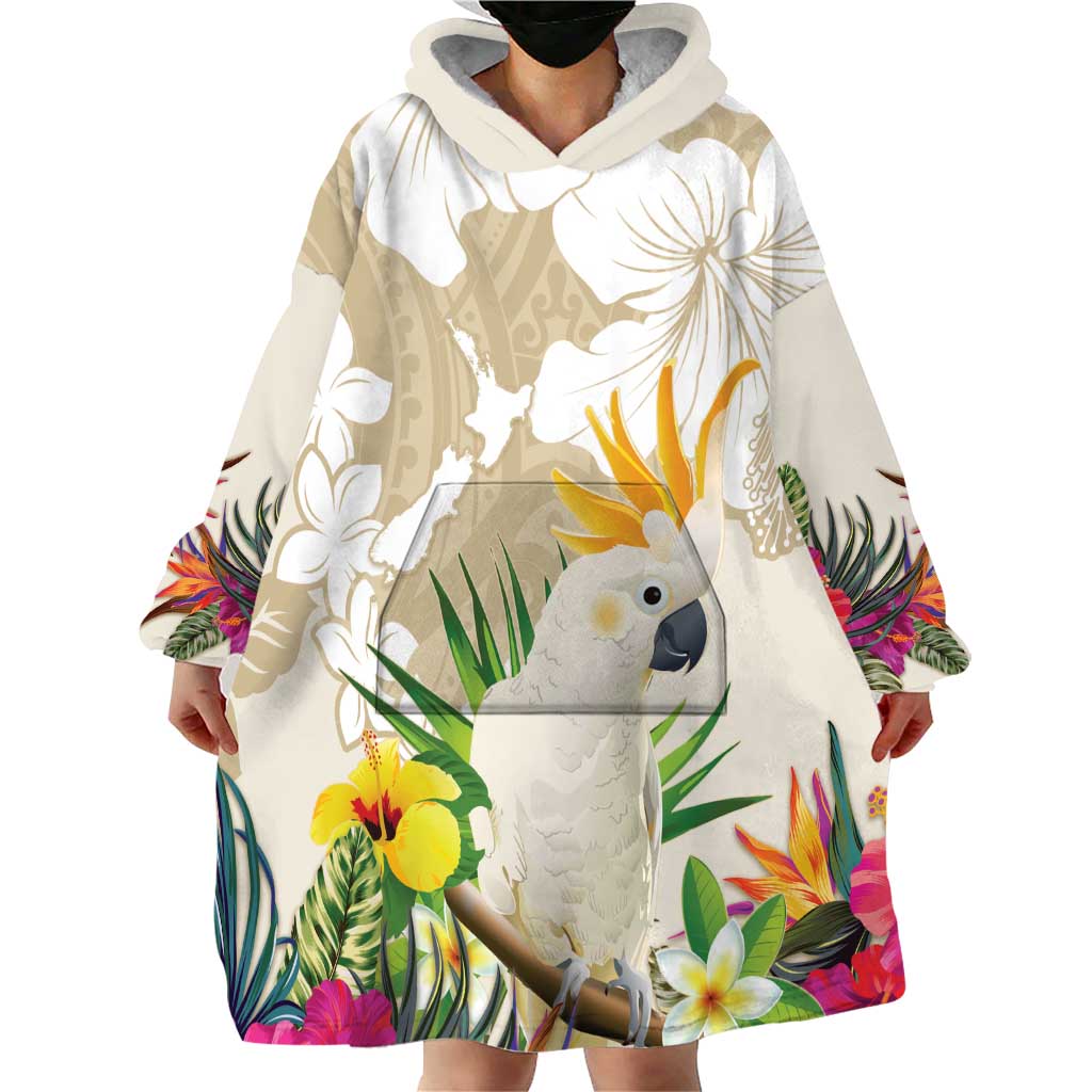 New Zealand Cacatua Galerita Wearable Blanket Hoodie Aotearoa Cockatoo Tropical Flowers