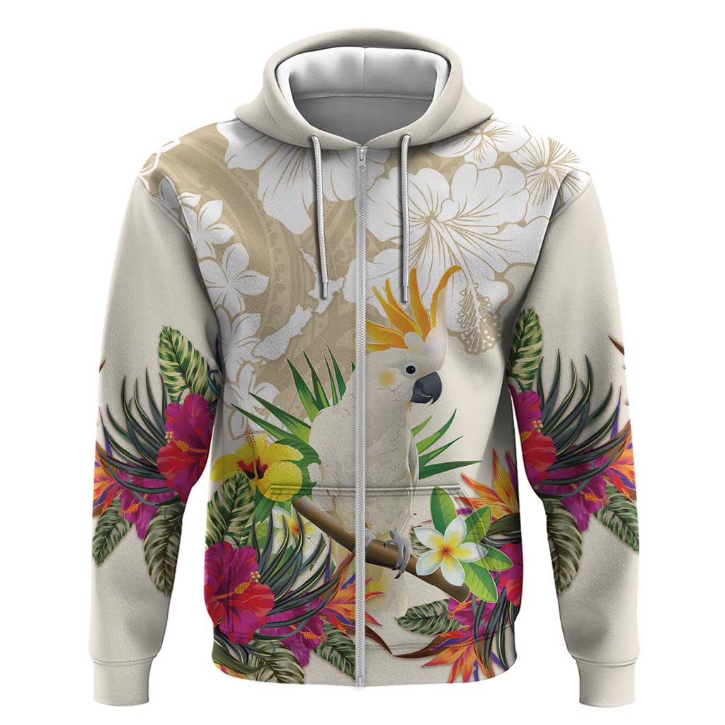 New Zealand Cacatua Galerita Zip Hoodie Aotearoa Cockatoo Tropical Flowers LT14 Zip Hoodie Beige - Polynesian Pride