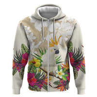 New Zealand Cacatua Galerita Zip Hoodie Aotearoa Cockatoo Tropical Flowers LT14 Zip Hoodie Beige - Polynesian Pride