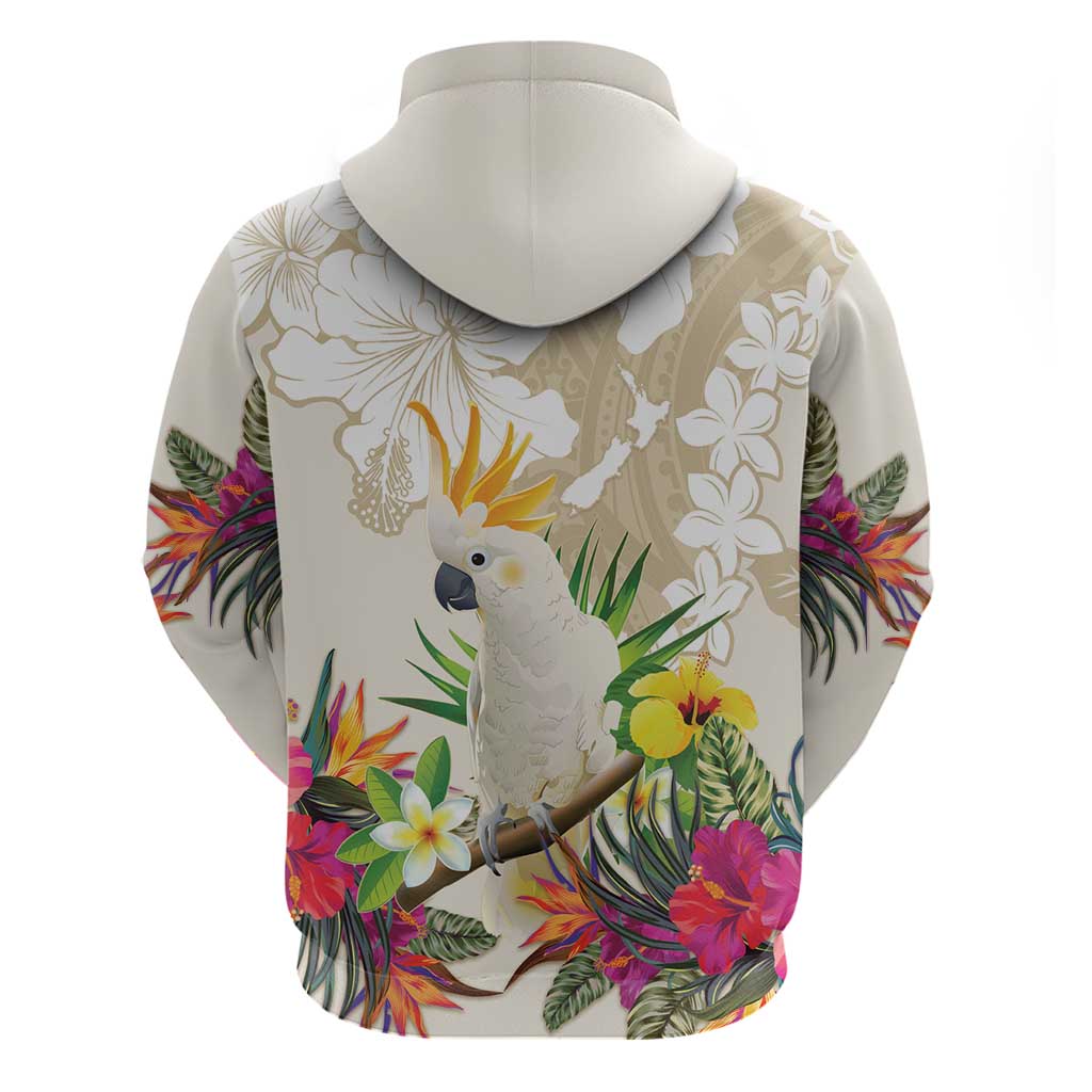 New Zealand Cacatua Galerita Zip Hoodie Aotearoa Cockatoo Tropical Flowers LT14 - Polynesian Pride