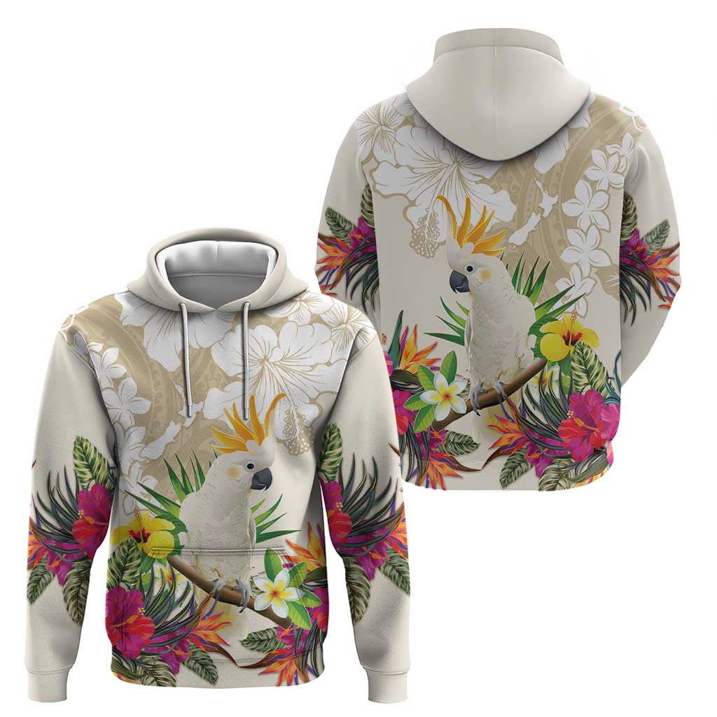 New Zealand Cacatua Galerita Zip Hoodie Aotearoa Cockatoo Tropical Flowers LT14 - Polynesian Pride