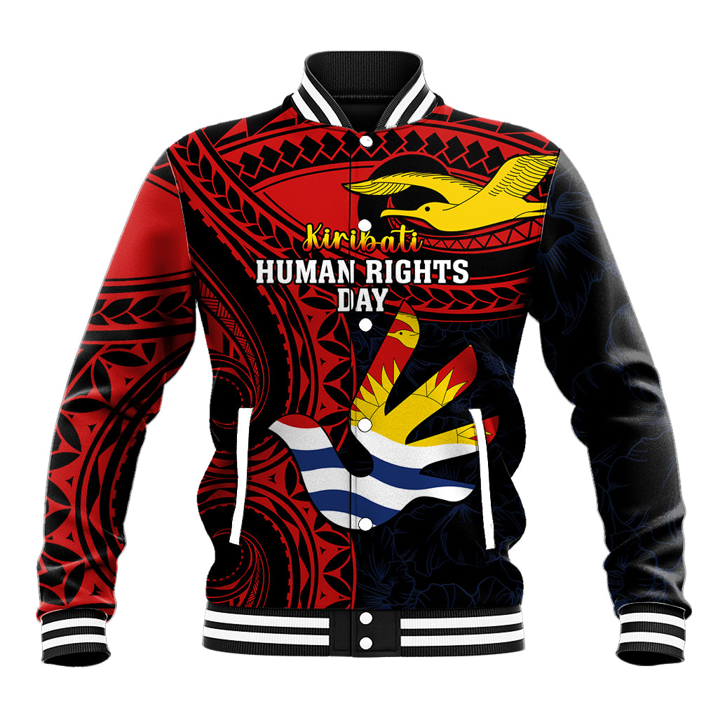 Personalised Kiribati Human Rights Day Baseball Jacket Coat Of Arms With Polynesian Tropical Flowers LT14 Unisex Black - Polynesian Pride