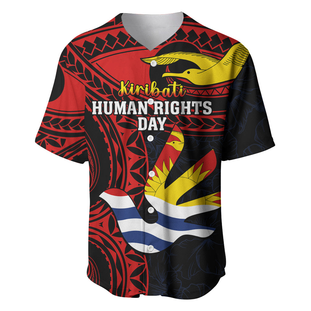 Personalised Kiribati Human Rights Day Baseball Jersey Coat Of Arms With Polynesian Tropical Flowers LT14 Black - Polynesian Pride