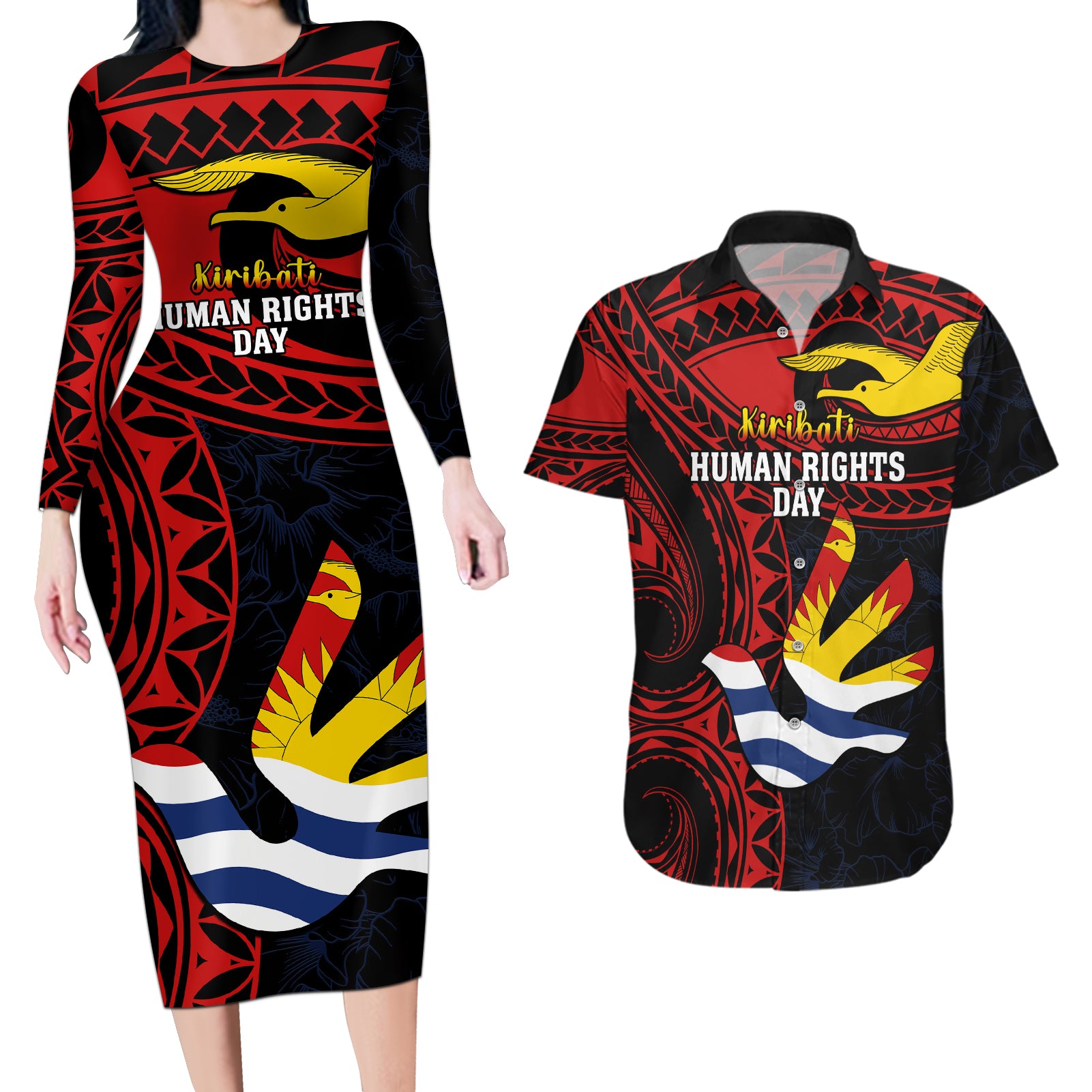 Personalised Kiribati Human Rights Day Couples Matching Long Sleeve Bodycon Dress and Hawaiian Shirt Coat Of Arms With Polynesian Tropical Flowers LT14 Black - Polynesian Pride