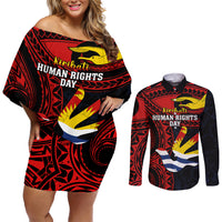 Personalised Kiribati Human Rights Day Couples Matching Off Shoulder Short Dress and Long Sleeve Button Shirt Coat Of Arms With Polynesian Tropical Flowers LT14 Black - Polynesian Pride