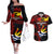 Personalised Kiribati Human Rights Day Couples Matching Off The Shoulder Long Sleeve Dress and Hawaiian Shirt Coat Of Arms With Polynesian Tropical Flowers LT14 Black - Polynesian Pride