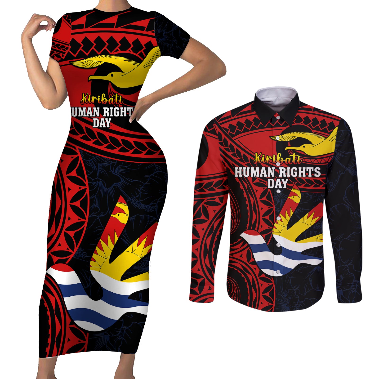 Personalised Kiribati Human Rights Day Couples Matching Short Sleeve Bodycon Dress and Long Sleeve Button Shirt Coat Of Arms With Polynesian Tropical Flowers LT14 Black - Polynesian Pride