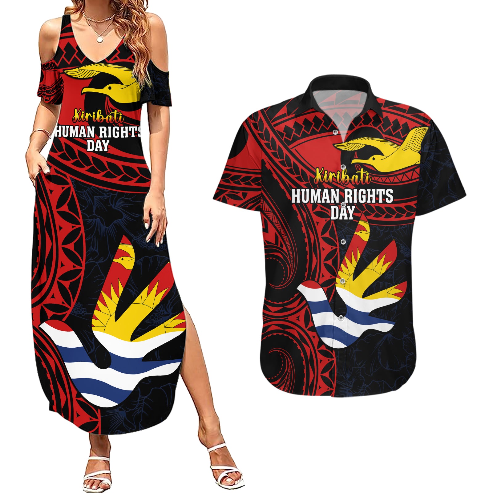 Personalised Kiribati Human Rights Day Couples Matching Summer Maxi Dress and Hawaiian Shirt Coat Of Arms With Polynesian Tropical Flowers LT14 Black - Polynesian Pride