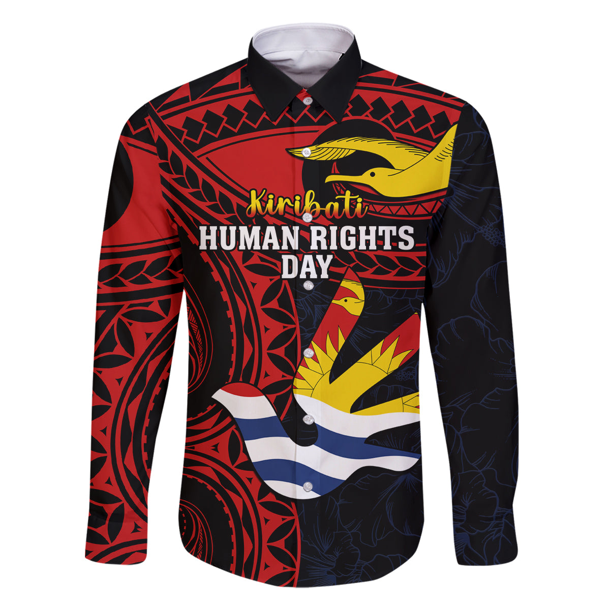 Personalised Kiribati Human Rights Day Family Matching Mermaid Dress and Hawaiian Shirt Coat Of Arms With Polynesian Tropical Flowers LT14 Dad's Shirt - Long Sleeve Black - Polynesian Pride