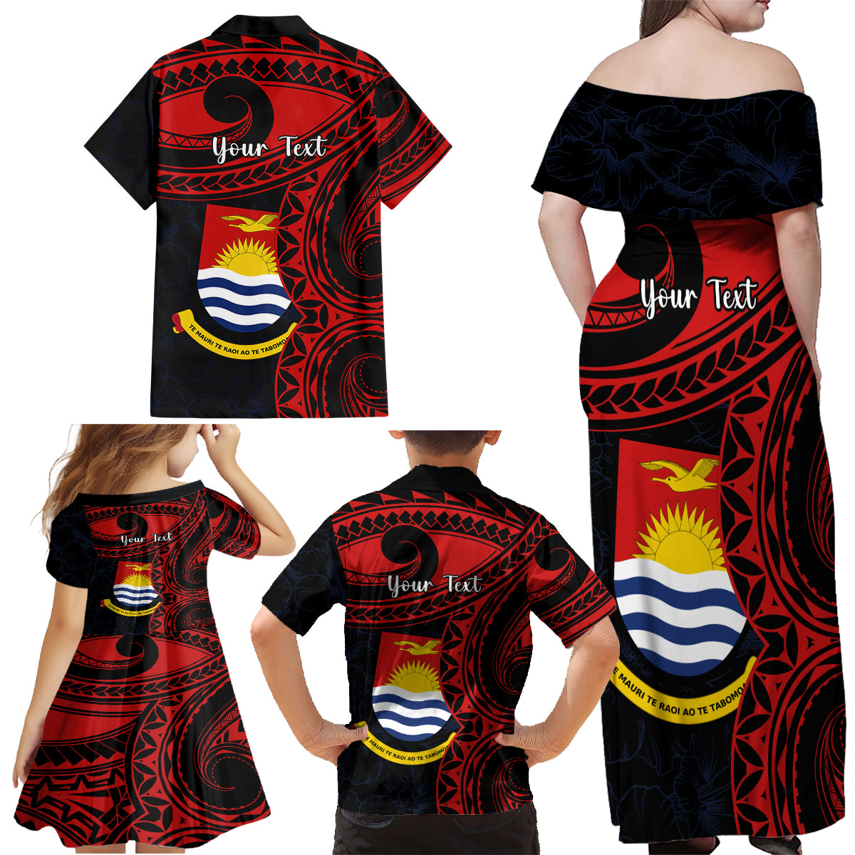 Personalised Kiribati Human Rights Day Family Matching Off Shoulder Maxi Dress and Hawaiian Shirt Coat Of Arms With Polynesian Tropical Flowers LT14 - Polynesian Pride