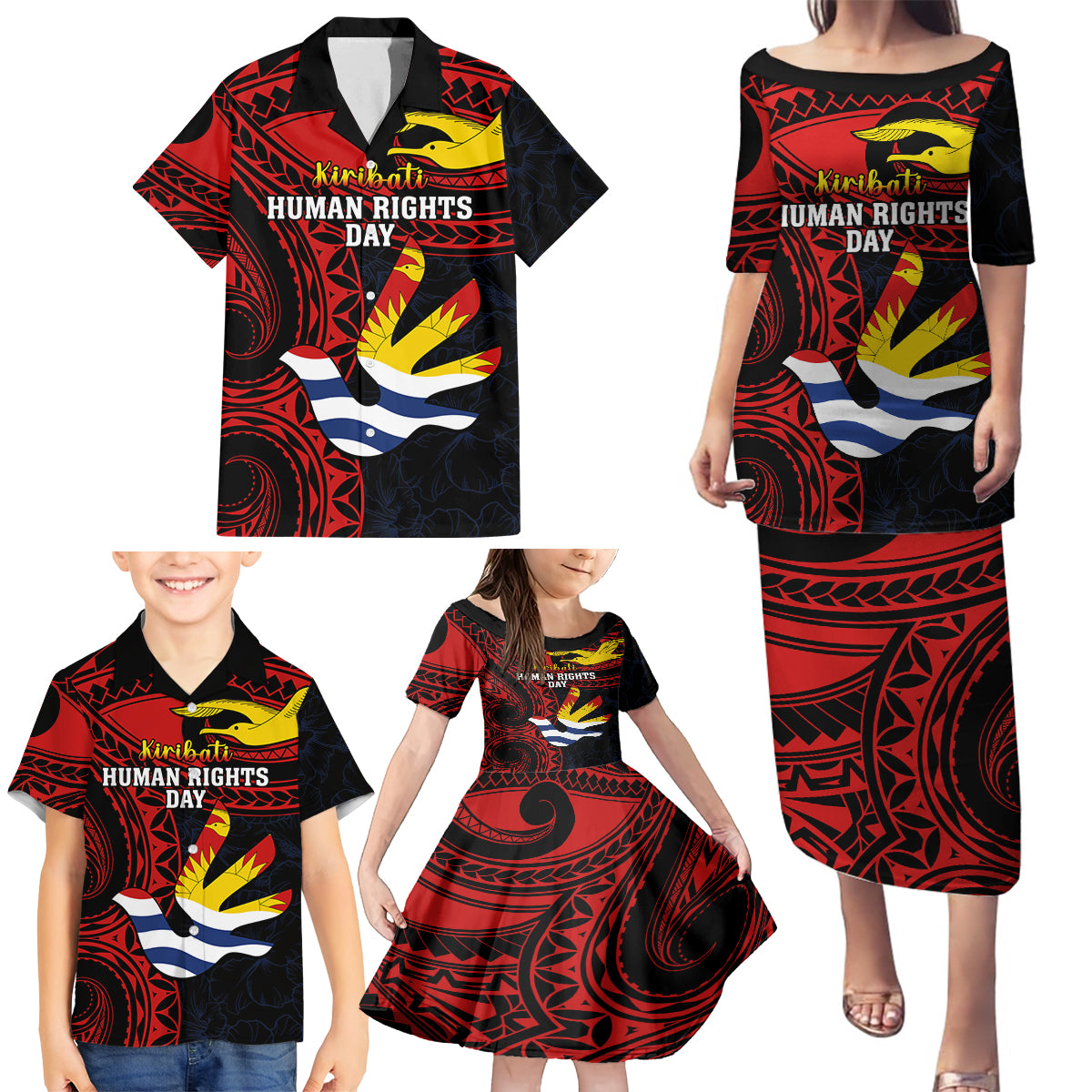 Personalised Kiribati Human Rights Day Family Matching Puletasi Dress and Hawaiian Shirt Coat Of Arms With Polynesian Tropical Flowers LT14 - Polynesian Pride