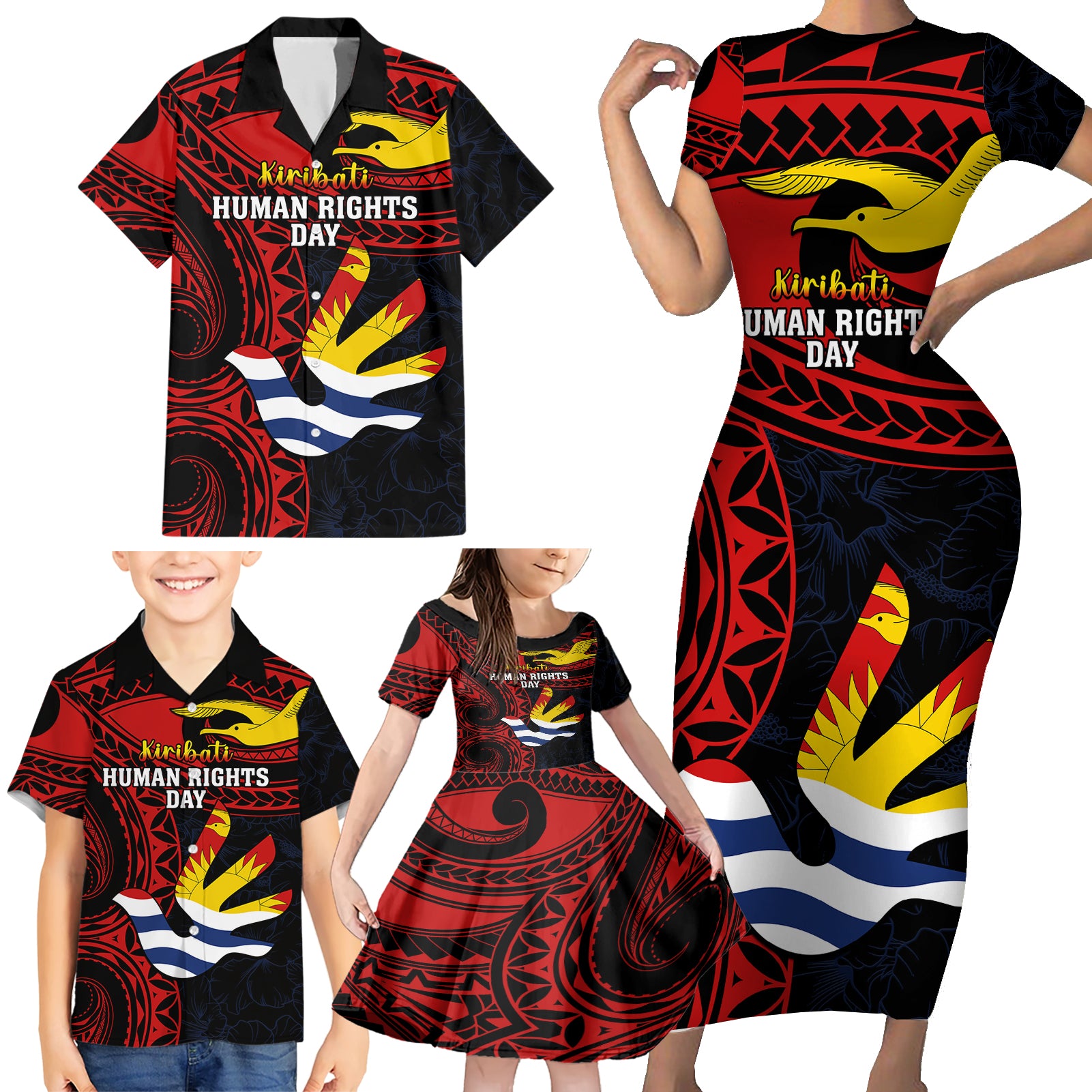 Personalised Kiribati Human Rights Day Family Matching Short Sleeve Bodycon Dress and Hawaiian Shirt Coat Of Arms With Polynesian Tropical Flowers LT14 - Polynesian Pride