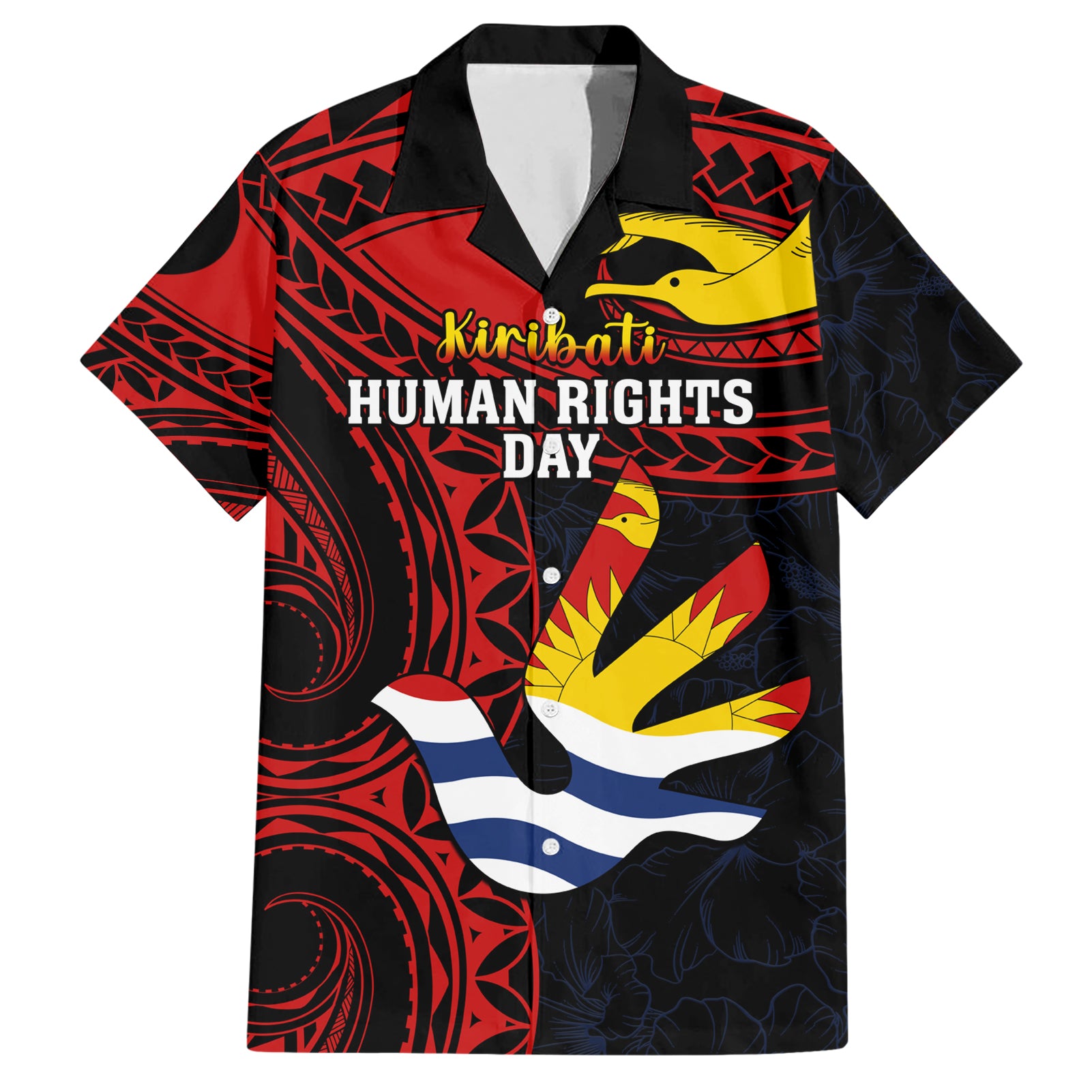 Personalised Kiribati Human Rights Day Hawaiian Shirt Coat Of Arms With Polynesian Tropical Flowers LT14 Black - Polynesian Pride