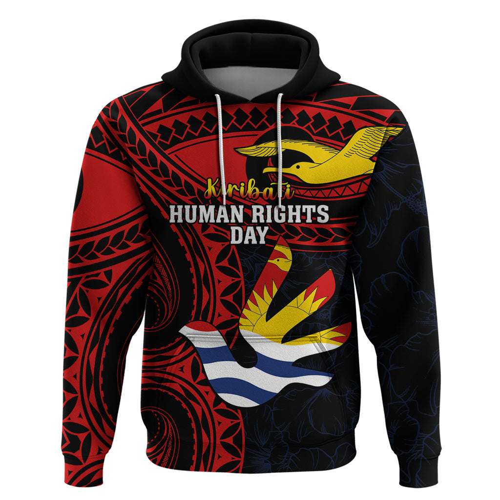 Personalised Kiribati Human Rights Day Hoodie Coat Of Arms With Polynesian Tropical Flowers LT14 Black - Polynesian Pride