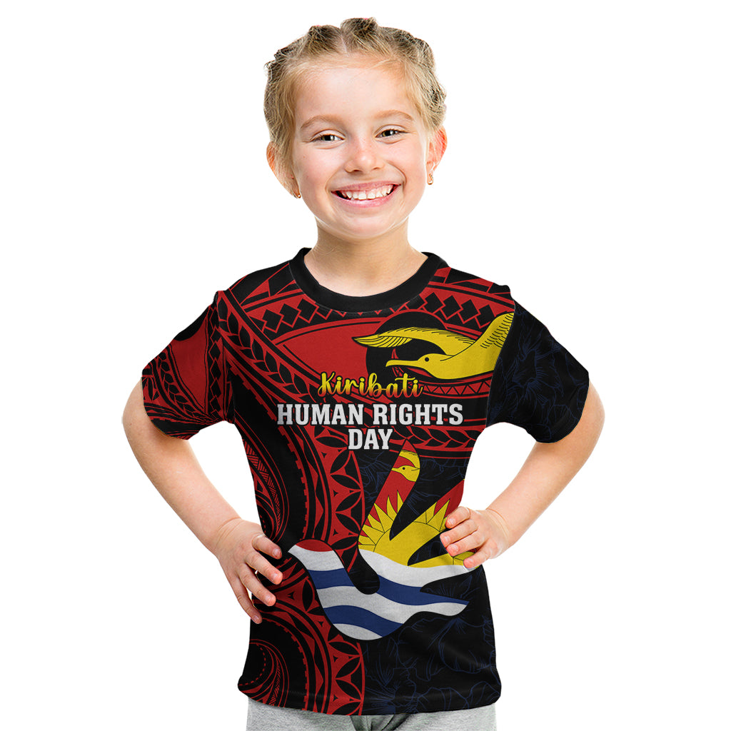 Personalised Kiribati Human Rights Day Kid T Shirt Coat Of Arms With Polynesian Tropical Flowers LT14 Black - Polynesian Pride