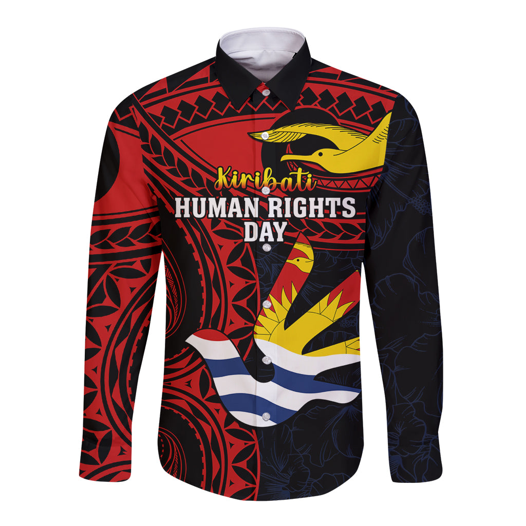 Personalised Kiribati Human Rights Day Long Sleeve Button Shirt Coat Of Arms With Polynesian Tropical Flowers LT14 Unisex Black - Polynesian Pride