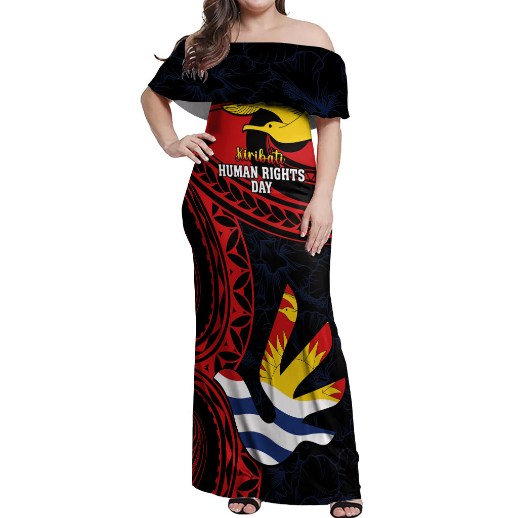 Personalised Kiribati Human Rights Day Off Shoulder Maxi Dress Coat Of Arms With Polynesian Tropical Flowers LT14 Women Black - Polynesian Pride