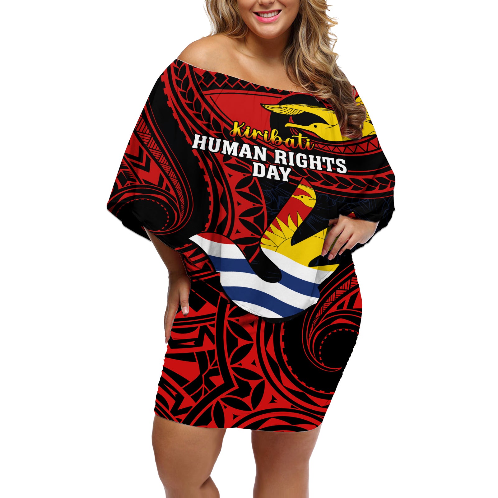 Personalised Kiribati Human Rights Day Off Shoulder Short Dress Coat Of Arms With Polynesian Tropical Flowers LT14 Women Black - Polynesian Pride