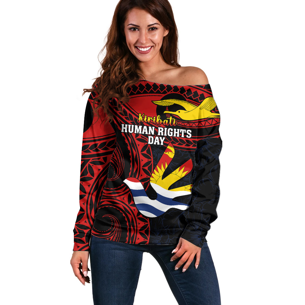 Personalised Kiribati Human Rights Day Off Shoulder Sweater Coat Of Arms With Polynesian Tropical Flowers LT14 Women Black - Polynesian Pride