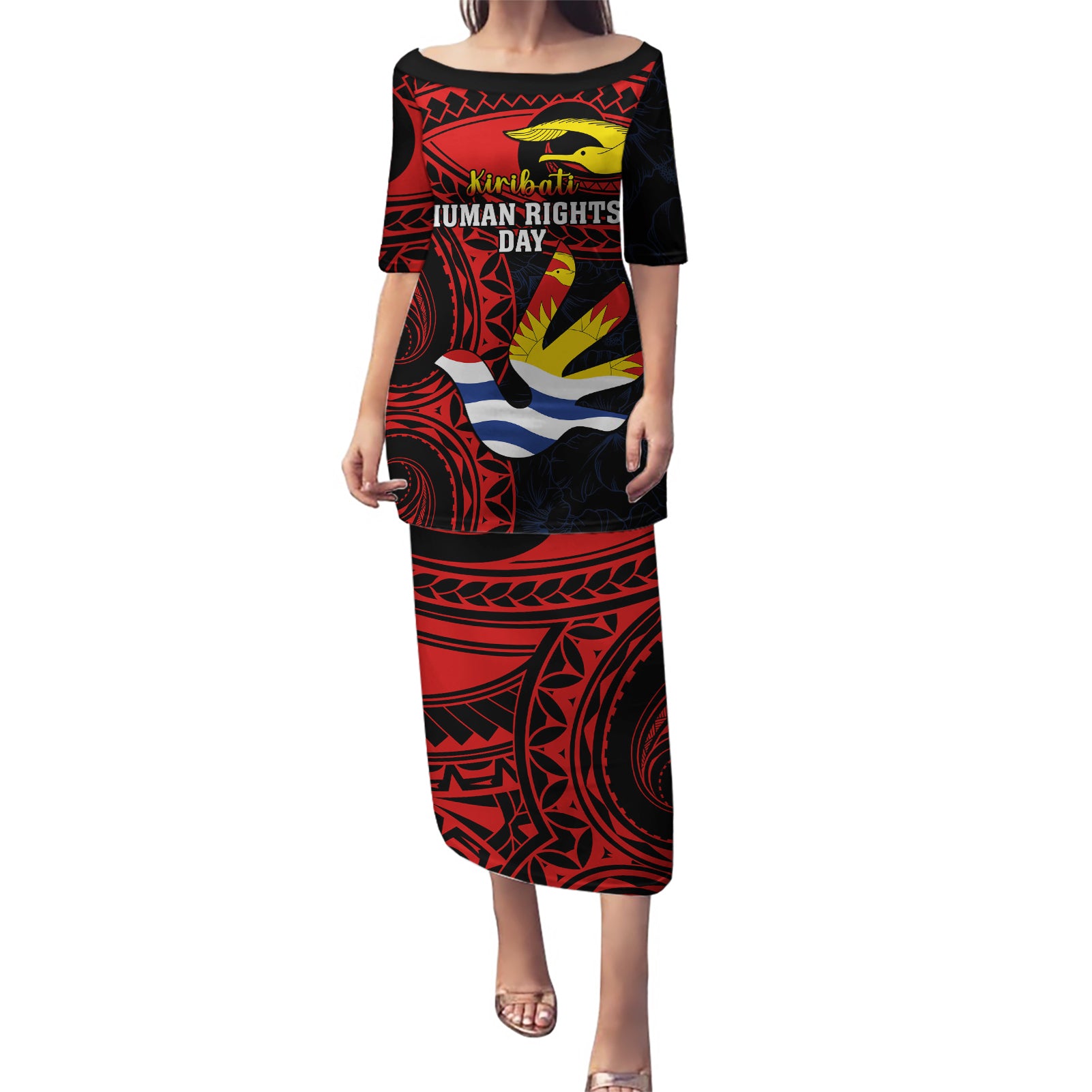 Personalised Kiribati Human Rights Day Puletasi Coat Of Arms With Polynesian Tropical Flowers LT14 Long Dress Black - Polynesian Pride