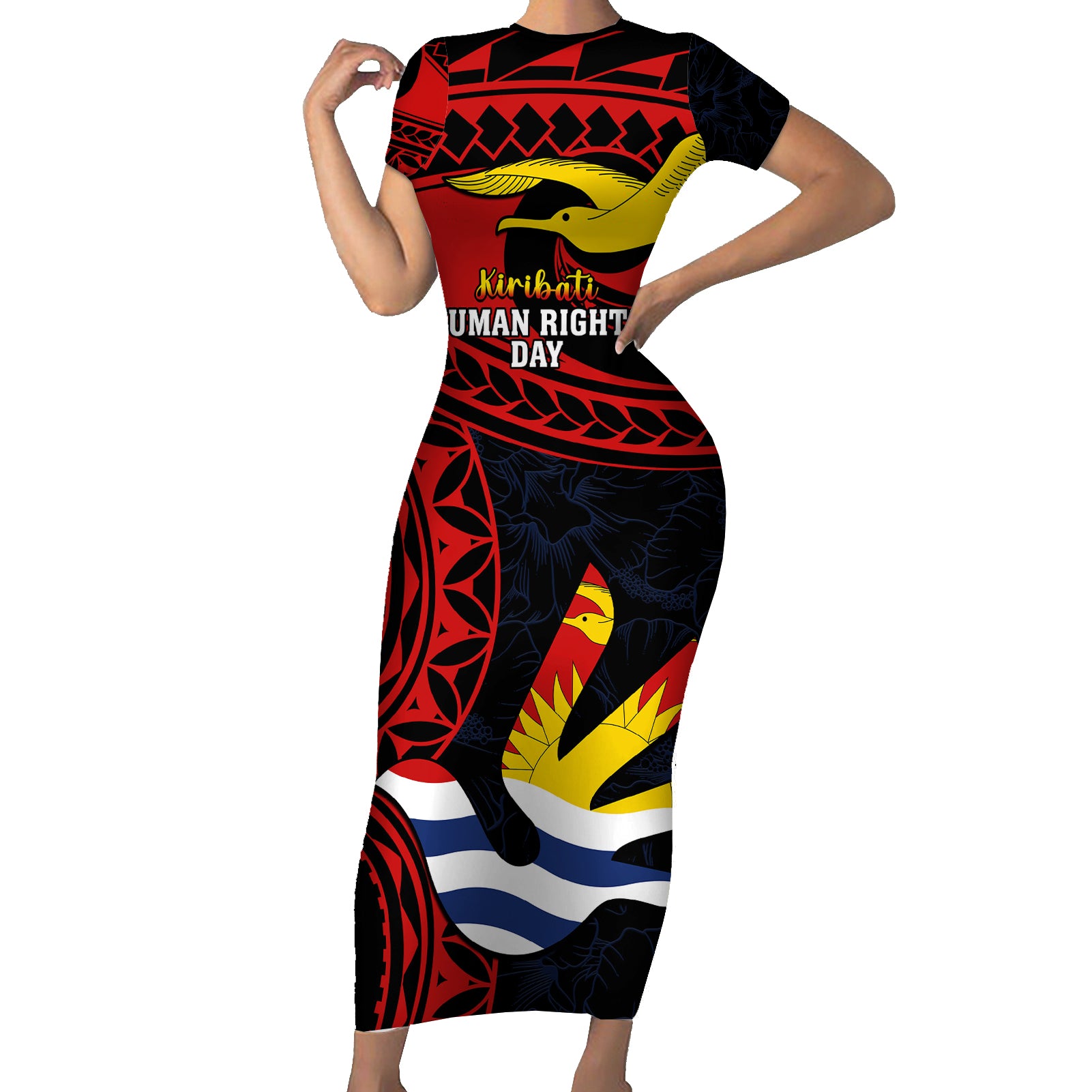 Personalised Kiribati Human Rights Day Short Sleeve Bodycon Dress Coat Of Arms With Polynesian Tropical Flowers LT14 Long Dress Black - Polynesian Pride