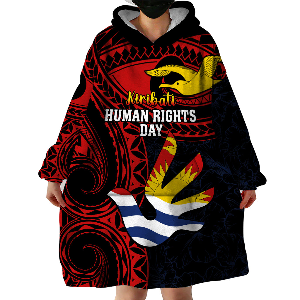 Personalised Kiribati Human Rights Day Wearable Blanket Hoodie Coat Of Arms With Polynesian Tropical Flowers LT14 - Polynesian Pride