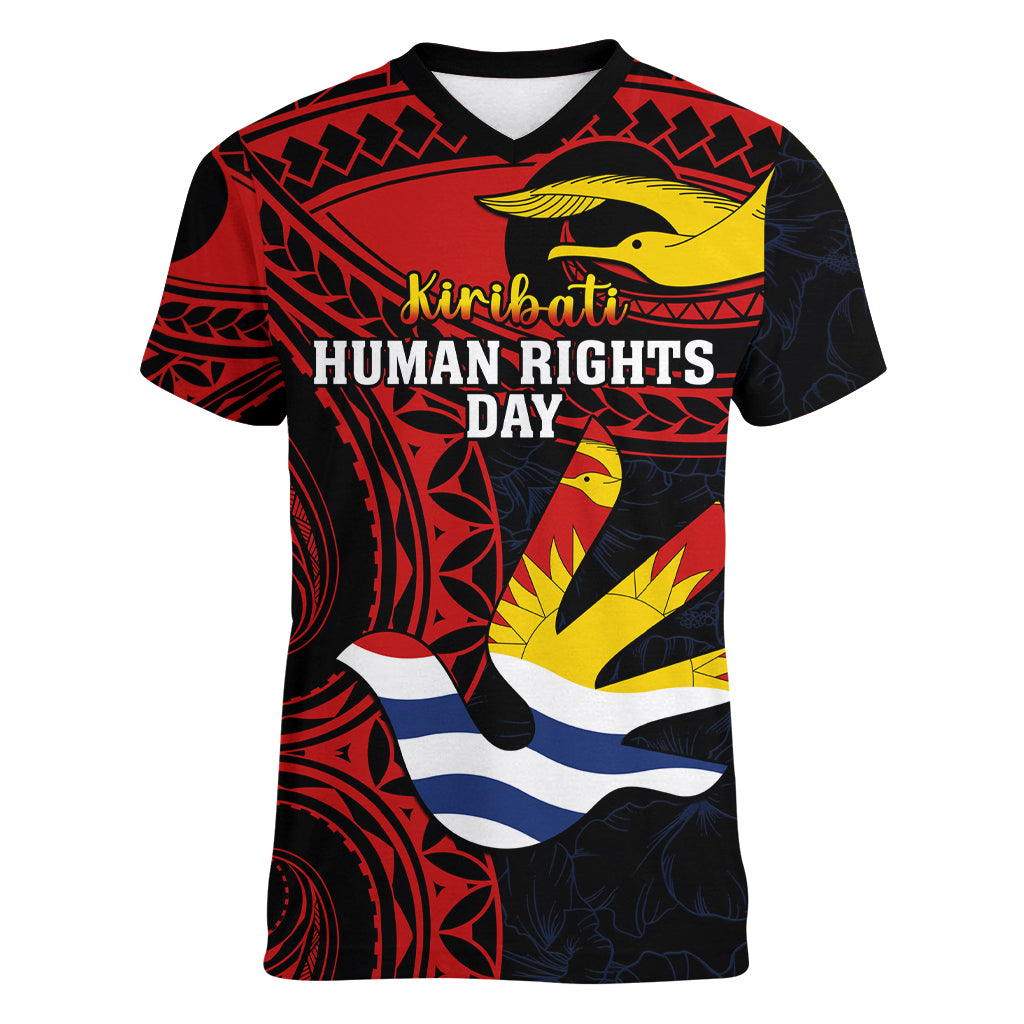 Personalised Kiribati Human Rights Day Women V Neck T Shirt Coat Of Arms With Polynesian Tropical Flowers LT14 Female Black - Polynesian Pride