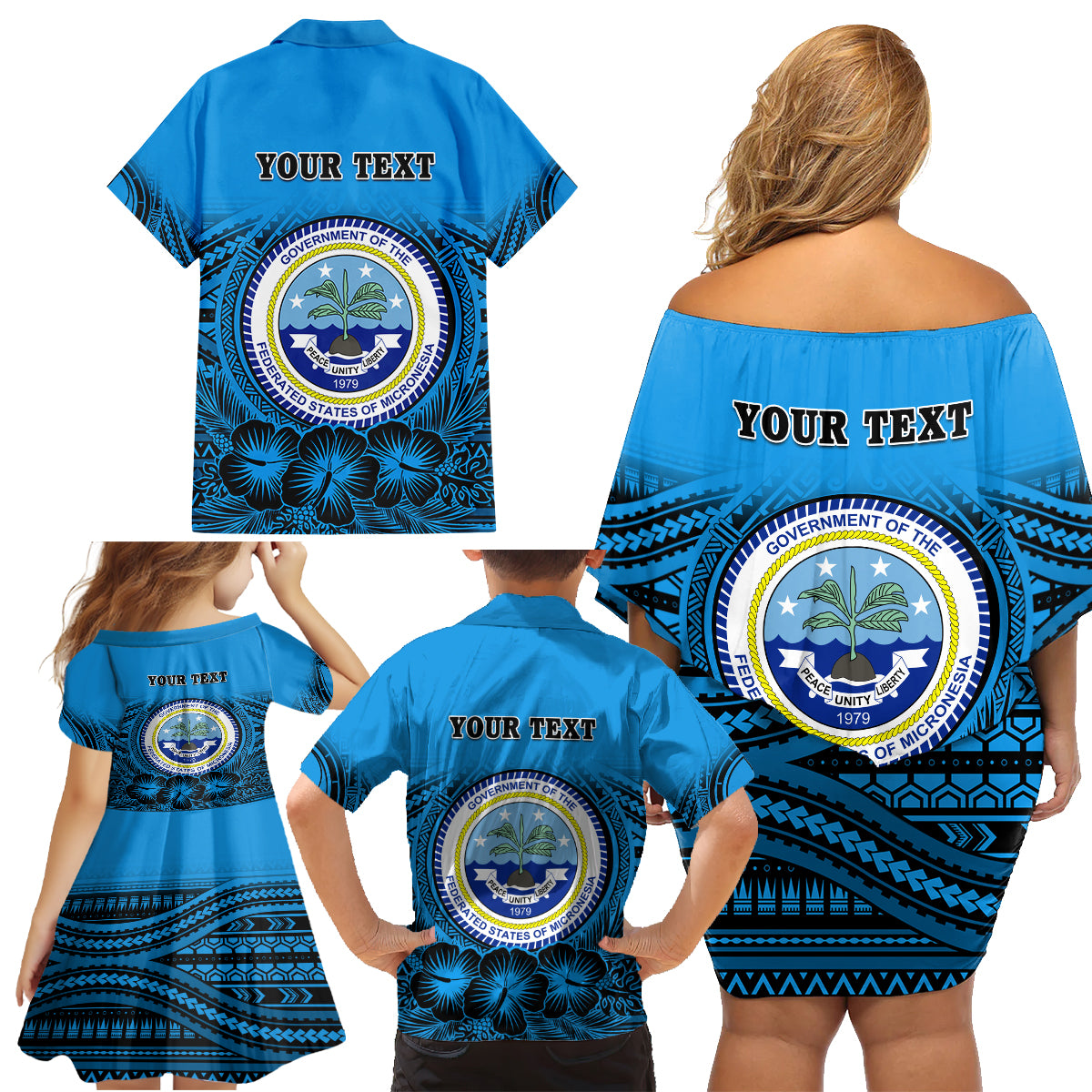 Personalised Yap Constitution Day Family Matching Off Shoulder Short Dress and Hawaiian Shirt FSM Seal Happy 24 December LT14 - Polynesian Pride