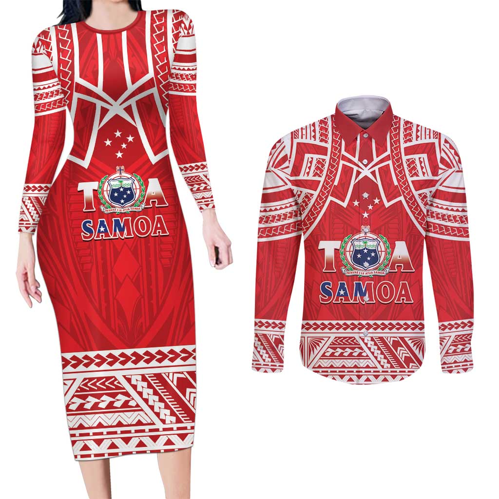 Samoa Rugby Custom Couples Matching Long Sleeve Bodycon Dress and Long Sleeve Button Shirt Toa Samoa Pacific Sporty Red - Polynesian Pride