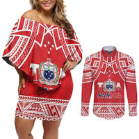 Samoa Rugby Custom Couples Matching Off Shoulder Short Dress and Long Sleeve Button Shirt Toa Samoa Pacific Sporty Red - Polynesian Pride