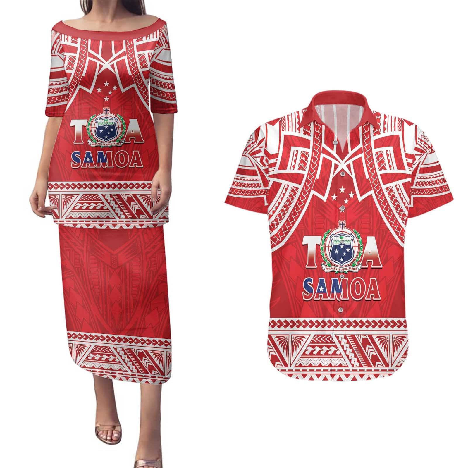 Samoa Rugby Custom Couples Matching Puletasi and Hawaiian Shirt Toa Samoa Pacific Sporty Red - Polynesian Pride