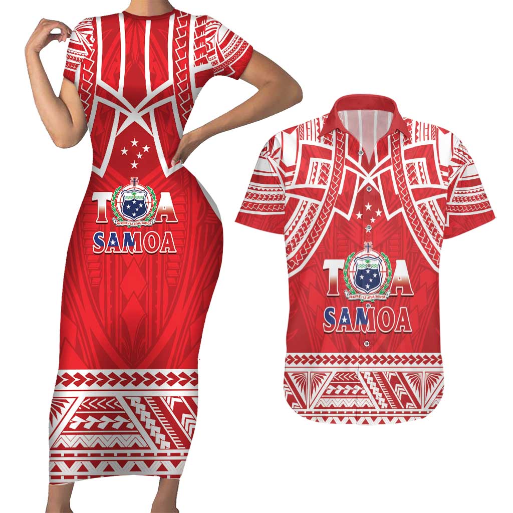 Samoa Rugby Custom Couples Matching Short Sleeve Bodycon Dress and Hawaiian Shirt Toa Samoa Pacific Sporty Red - Polynesian Pride