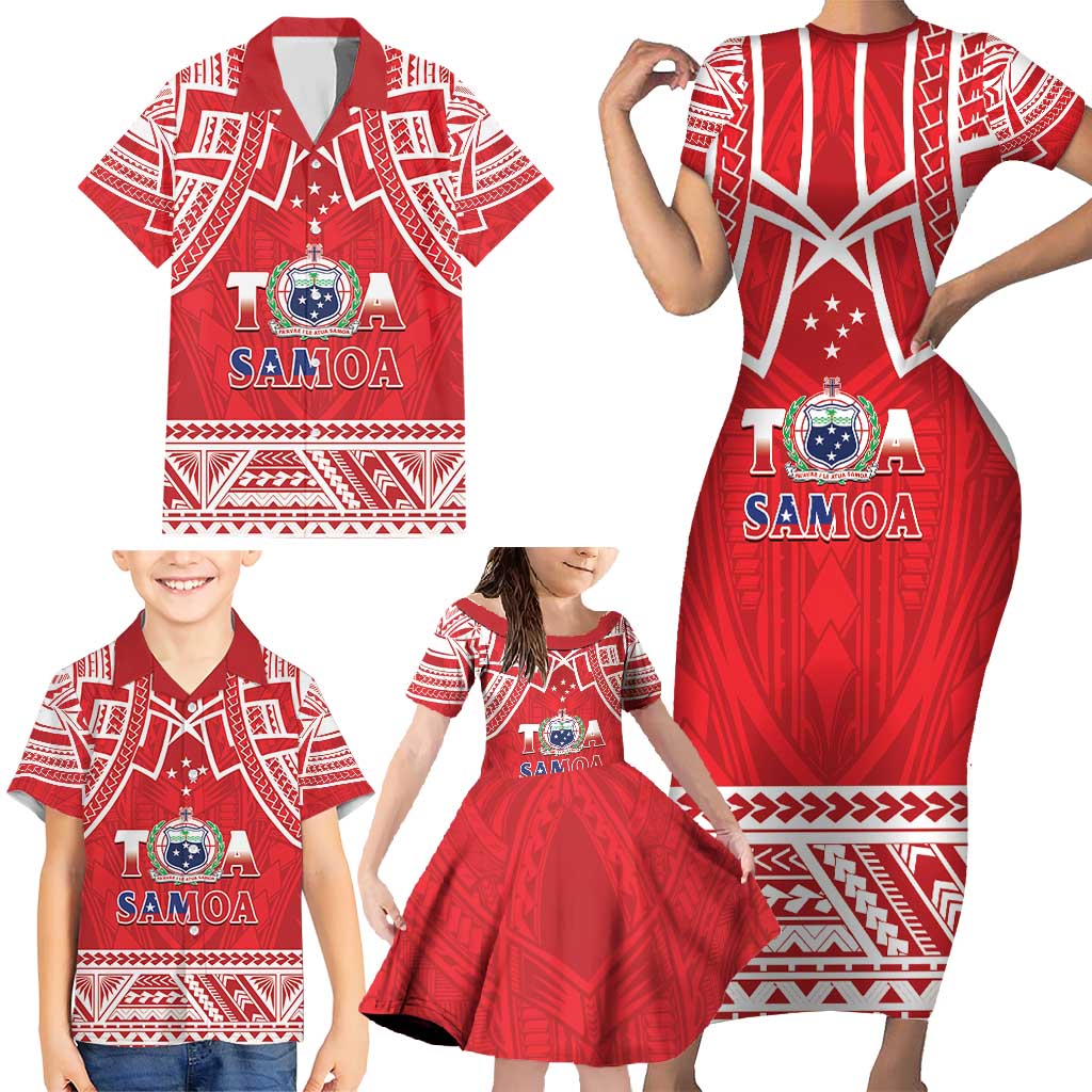 Samoa Rugby Custom Family Matching Short Sleeve Bodycon Dress and Hawaiian Shirt Toa Samoa Pacific Sporty Red - Polynesian Pride