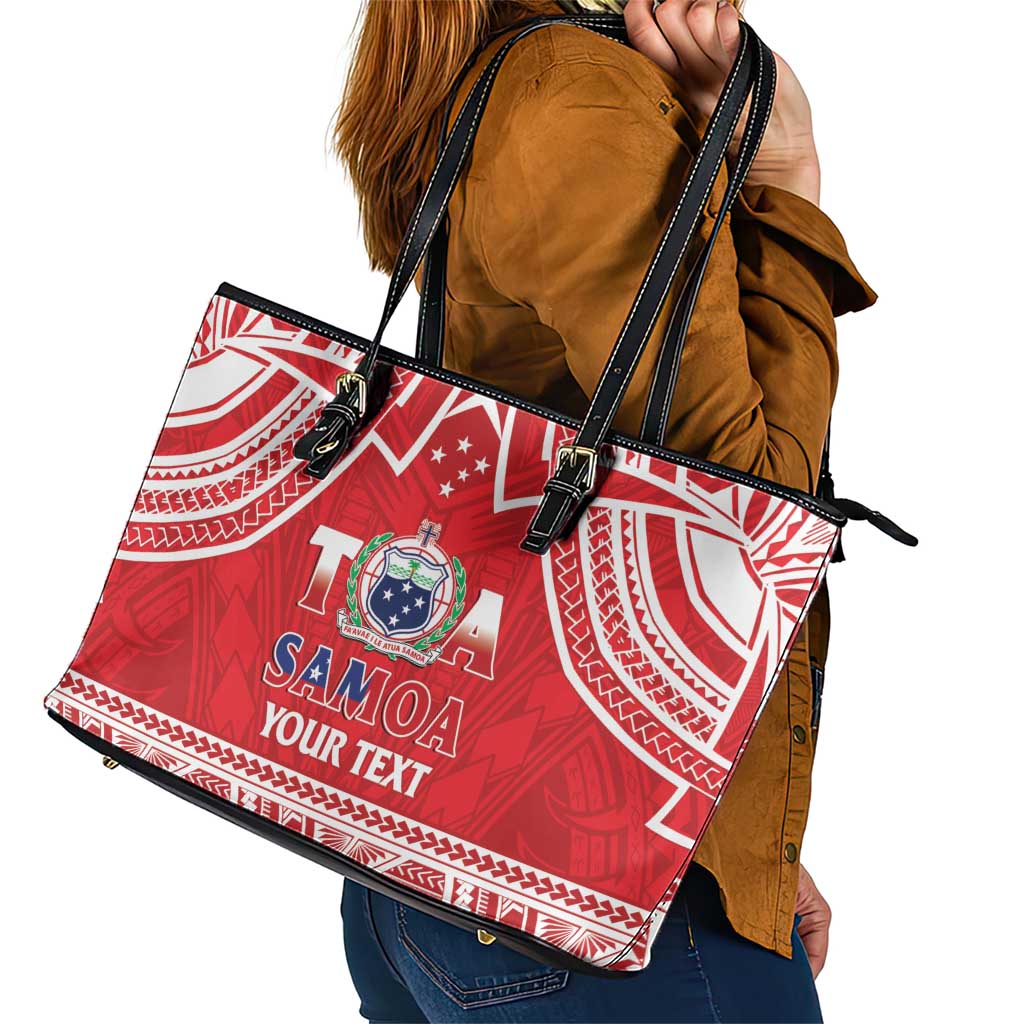 Samoa Rugby Custom Leather Tote Bag Toa Samoa Pacific Sporty Red - Polynesian Pride